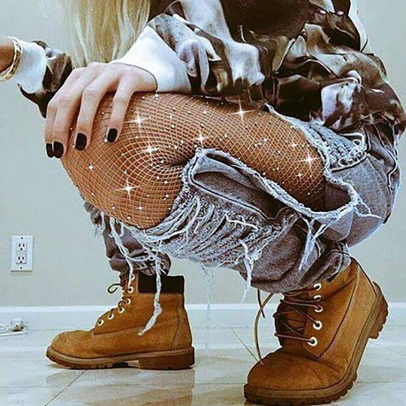 Sparkle Rhinestone Mesh Stocking Glitter High Waist Tights Crystal Fishnet Pantyhose Pearlescent Hollow Out plus Size Stockings for Women