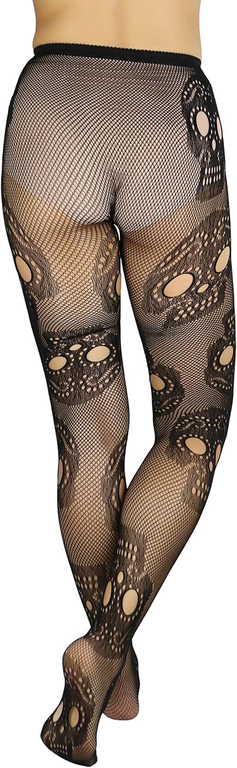Women's Festive Large Sugar Skull Fishnet Pantyhose Tights