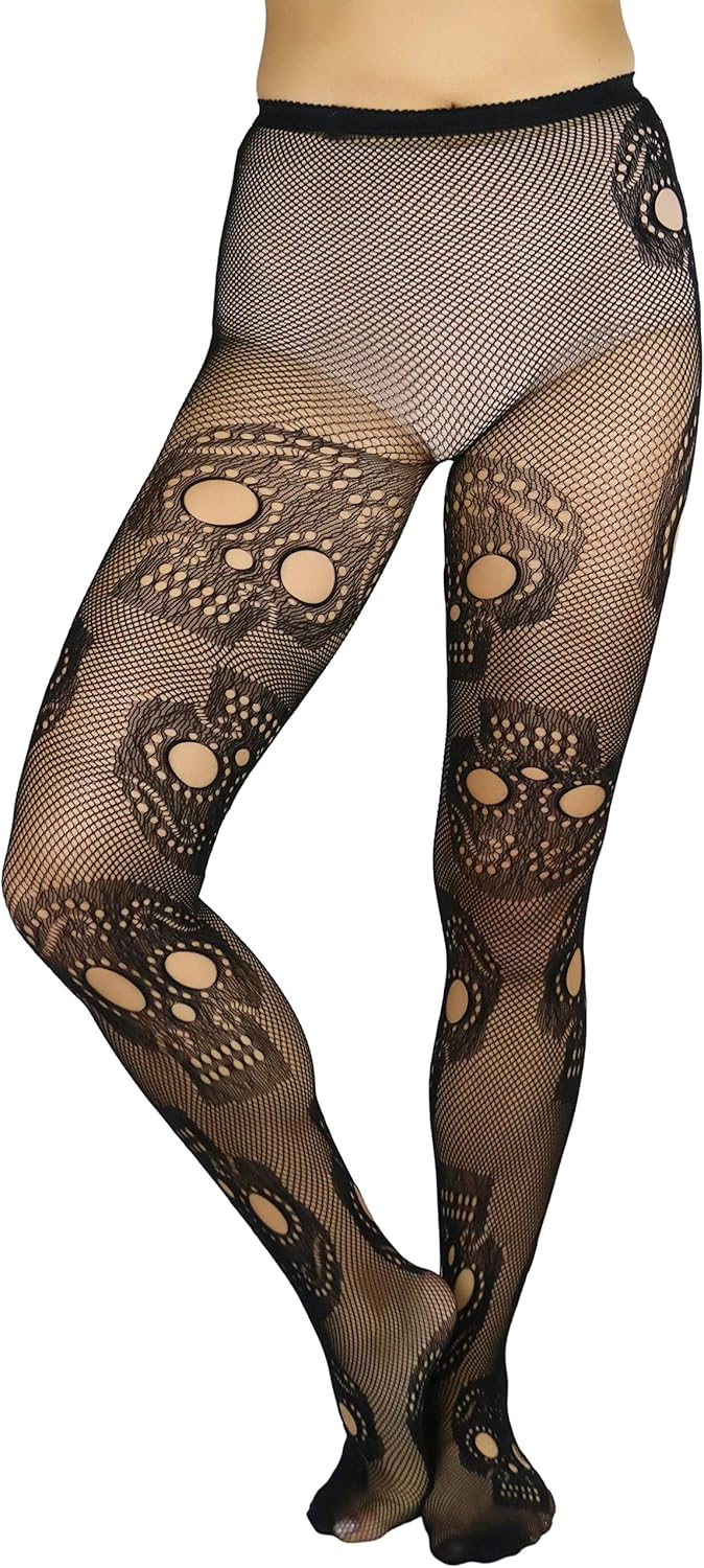 Women's Festive Large Sugar Skull Fishnet Pantyhose Tights