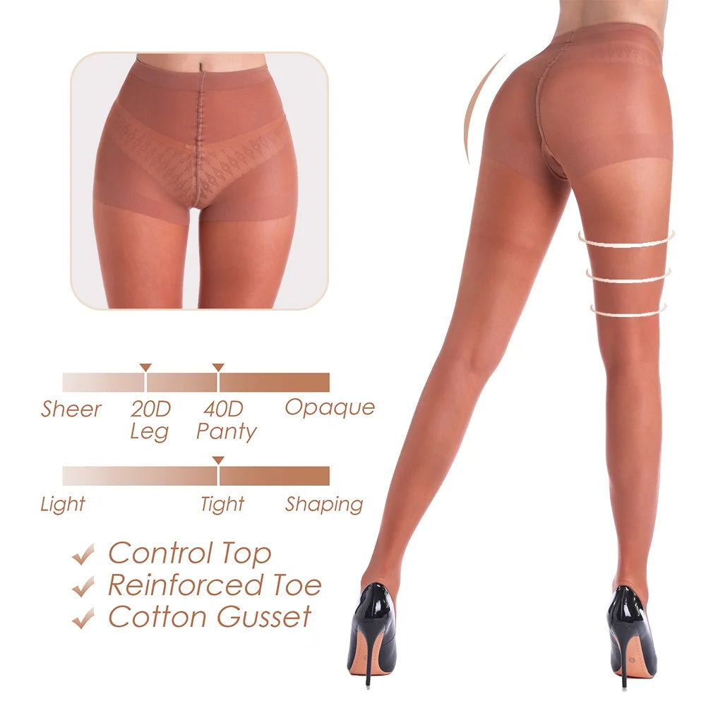 3 Pairs Women'S Sheer Tights - 20D Control Top Pantyhose with Reinforced Toes
