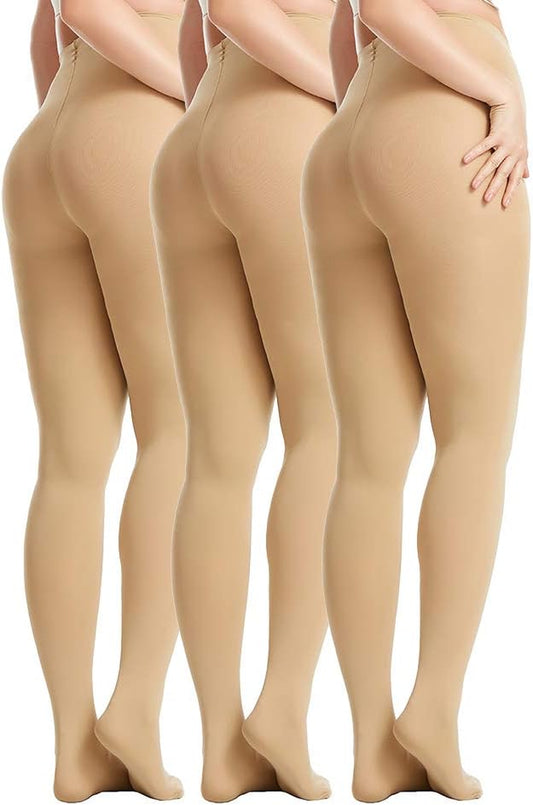 Footed Tights plus Size - 3 Pack Straight Crotch Queen Size Pantyhose, Sheer & Opaque Tights, for Chubby Women, Girls