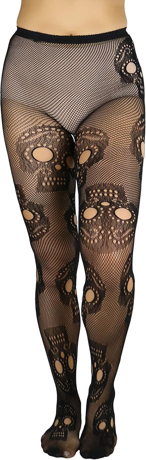 Women's Festive Large Sugar Skull Fishnet Pantyhose Tights