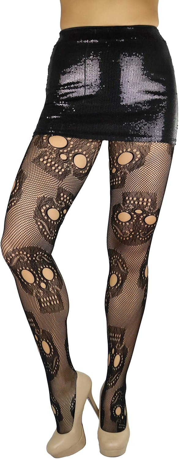 Women's Festive Large Sugar Skull Fishnet Pantyhose Tights