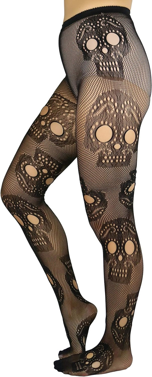 Women's Festive Large Sugar Skull Fishnet Pantyhose Tights
