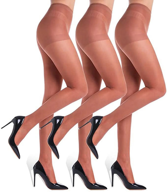 3 Pairs Women'S Sheer Tights - 20D Control Top Pantyhose with Reinforced Toes