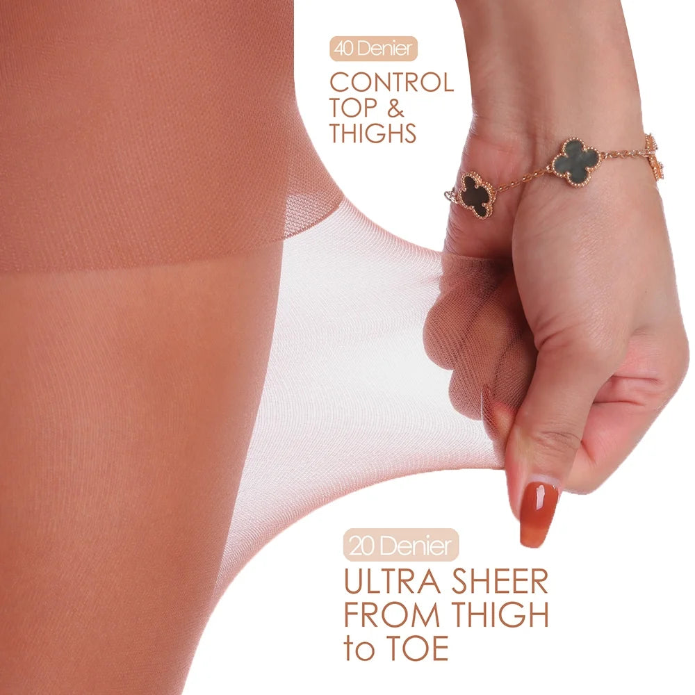 3 Pairs Women'S Sheer Tights - 20D Control Top Pantyhose with Reinforced Toes